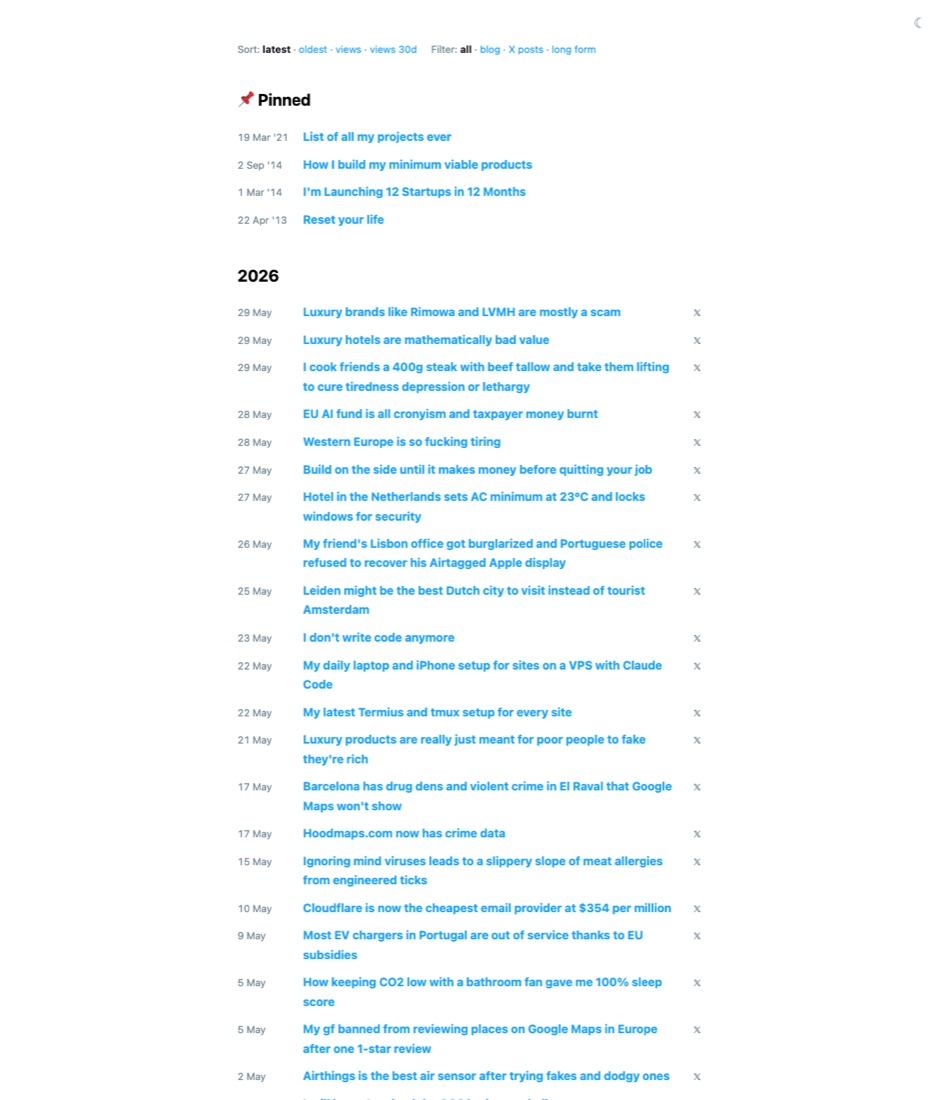 levels.io 본인 블로그 핀 — 'List of all my projects ever' · 'How I build my minimum viable products' · 'I'm Launching 12 Startups in 12 Months'