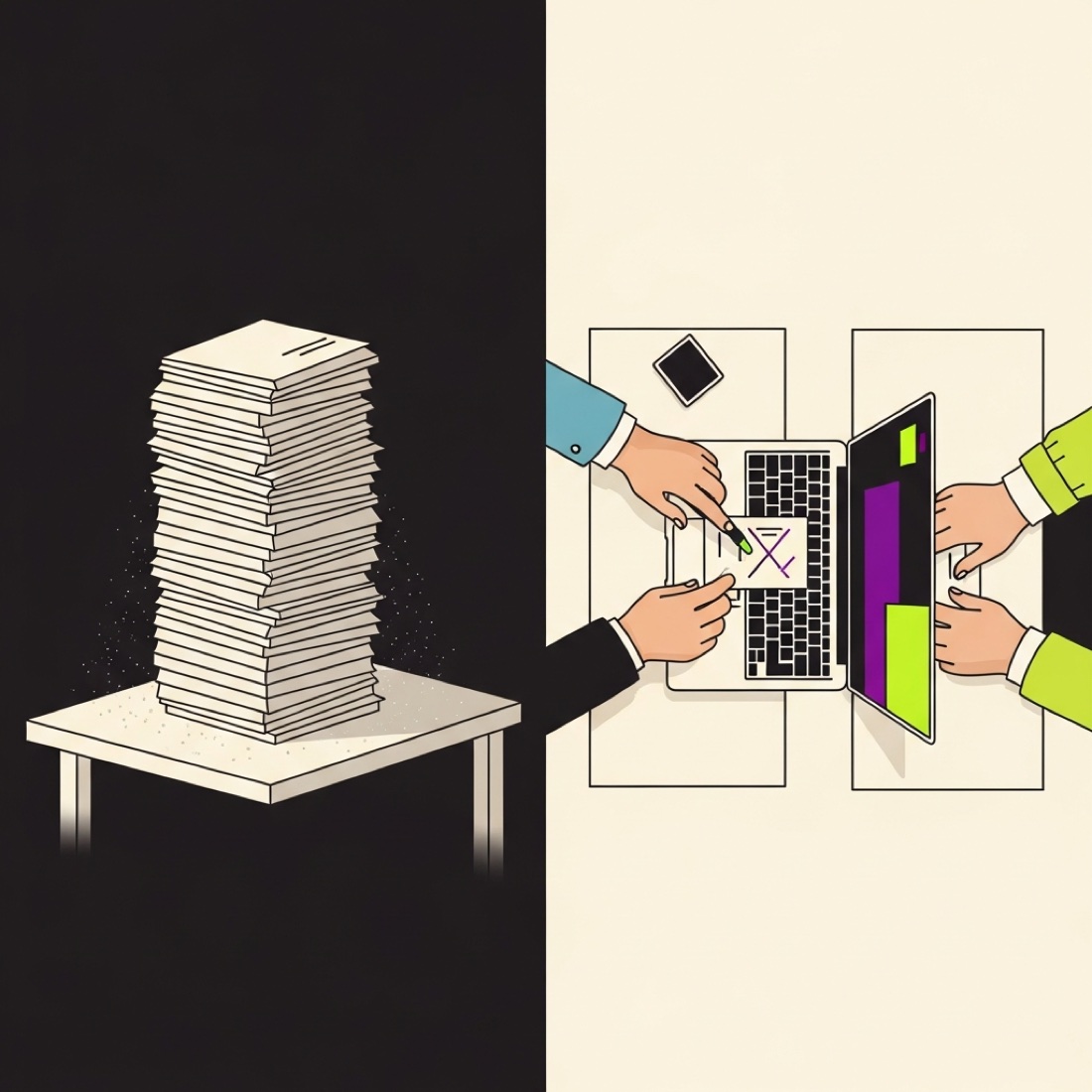 명함만 쌓인 책상 vs 함께 만든 결과물이 쌓인 책상